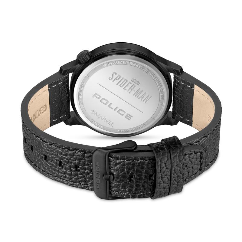 Police Spider-Man Webbed Wonder watch back view with engraved stainless steel case and textured black leather strap.