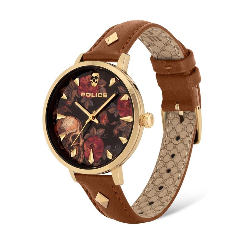 Police Miona ladies watch with gold case, floral skull dial, and brown leather strap with gold stud accents.