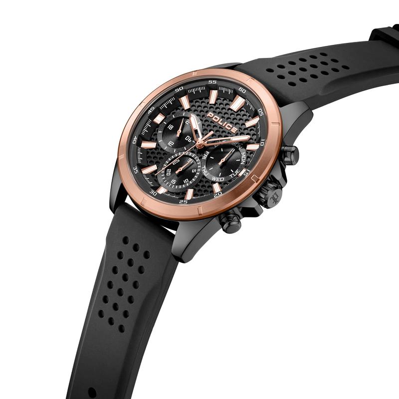 Police Motion men's 45mm watch featuring a black honeycomb dial, rose gold-tone bezel, and durable black silicone strap.