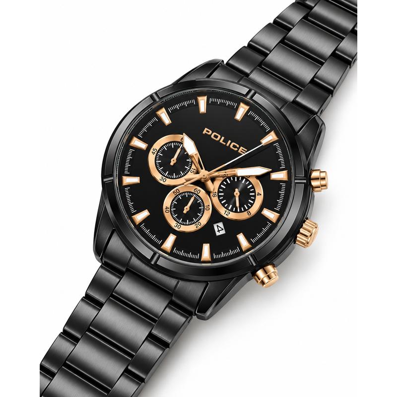 Police Multifunction Chronograph Quartz Black Dial IP Black Stainless Steel Watch