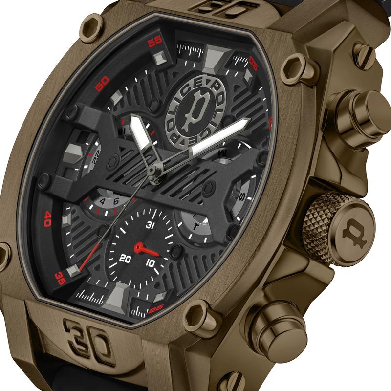 Police Norwood 45mm multifunction watch featuring a bold bronze metal case, black sunray dial, and durable black silicone strap.