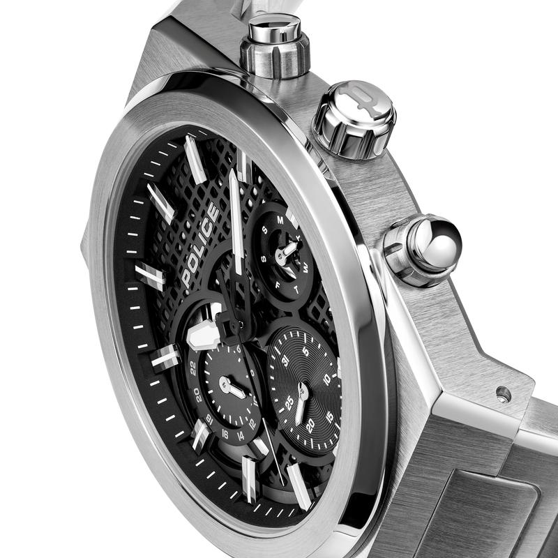 Police Salkantay men’s watch featuring a 45mm steel case, cool grey multifunction dial, and durable metal bracelet.