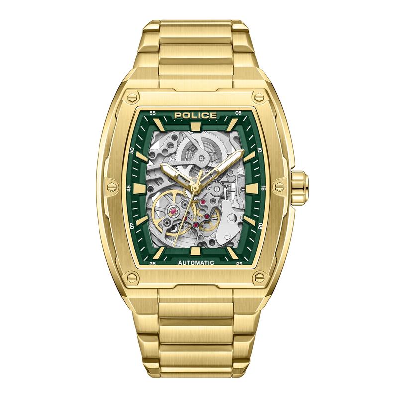 Police Skeletor Green Dial Gold Men's Automatic Watch