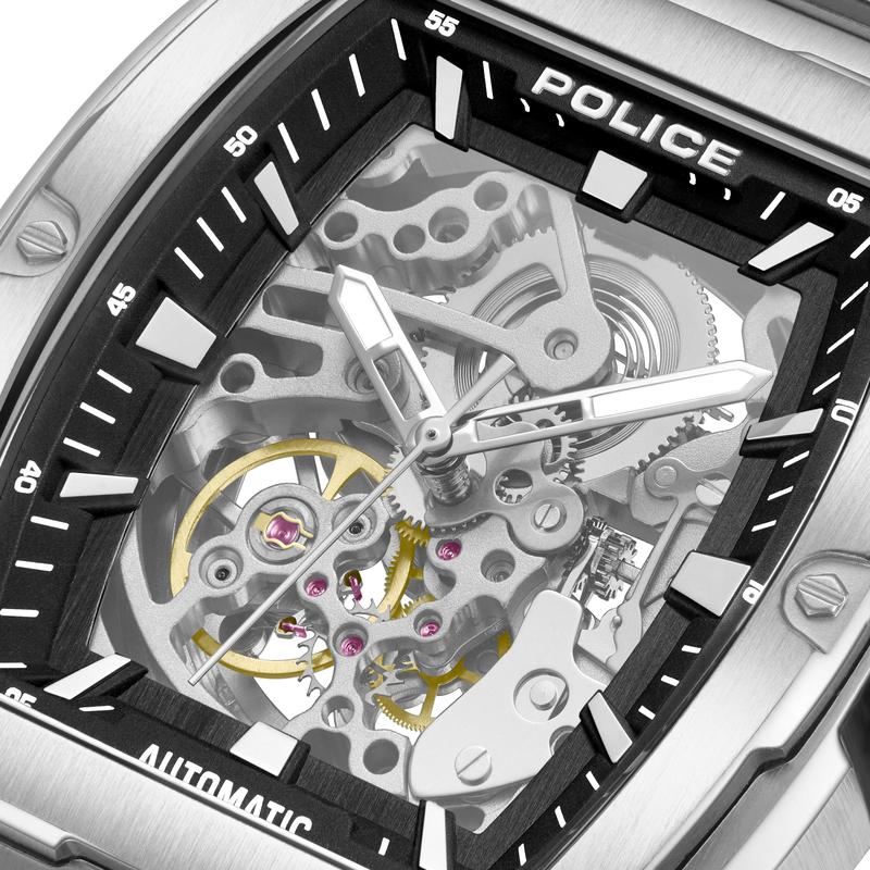 Police Men Skeletor automatic watch featuring a tonneau steel case, matte black skeleton dial, and industrial bezel screws.