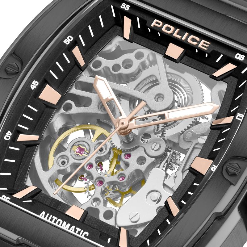 Police Men Skeletor automatic watch with a black tonneau case, skeleton dial, and striking rose gold indexes.