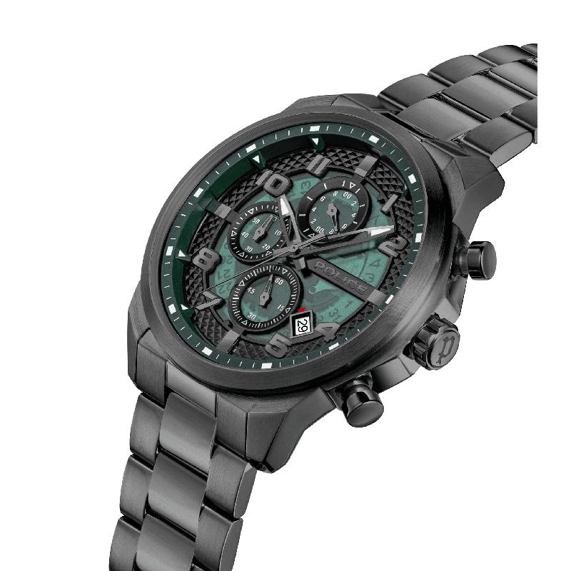 Police Soul men's gunmetal multifunction watch with a translucent blue dial, pyramid-etched ring, and metal bracelet.