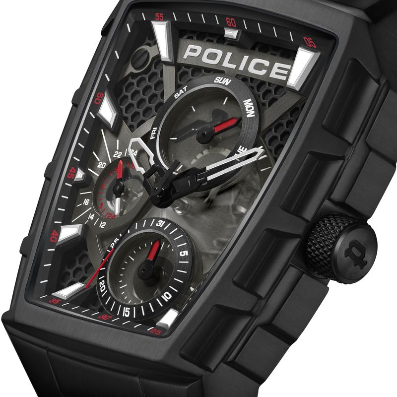 Police Tough Gear multifunction watch with black metal case, honeycomb dial, and durable red silicon strap.