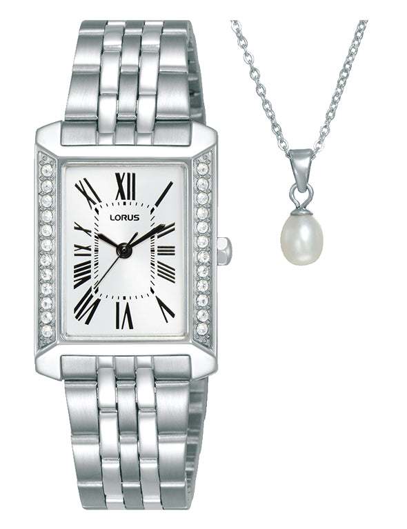 Lorus Ladies Rectangle White Dial Necklace Set