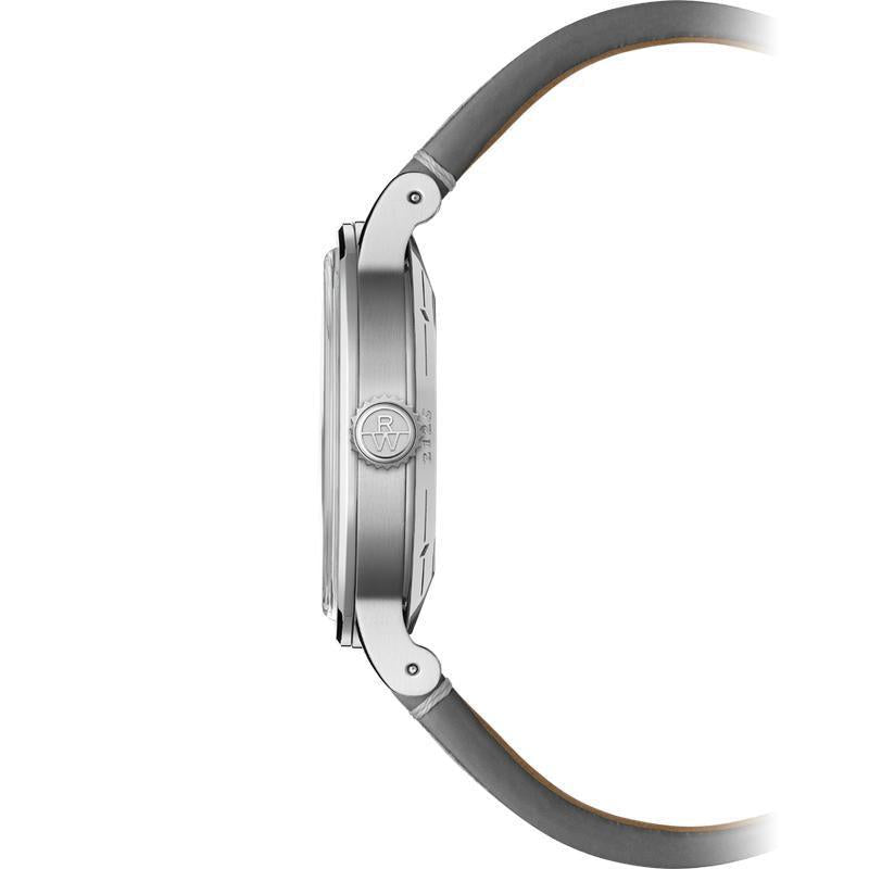 Side view of Raymond Weil Millesime automatic watch with a brushed steel case and elegant grey leather strap.