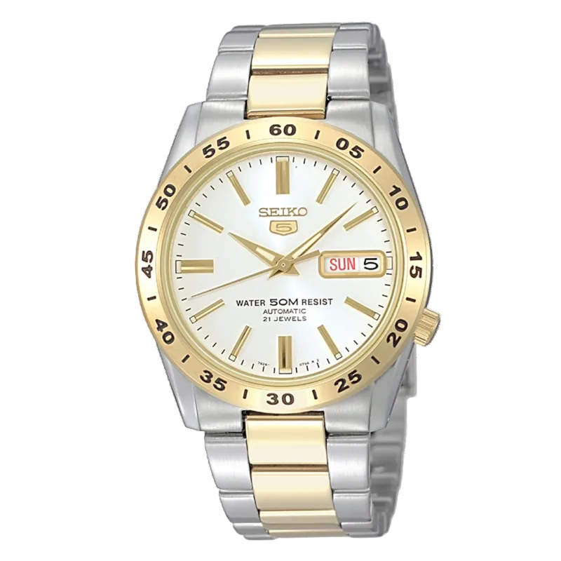 A Seiko automatic watch with a two-tone stainless steel and gold-tone metal bracelet, a gold-tone bezel, and a white dial with a date window.