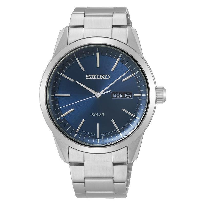Seiko SNE525 solar men's watch with a blue sunray dial, stainless steel case, and matching link bracelet.