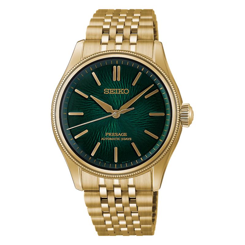 Seiko Presage Classic "Tradman's Bonsai" HCC009J1 pine-green dial, gold-tone case and bracelet
