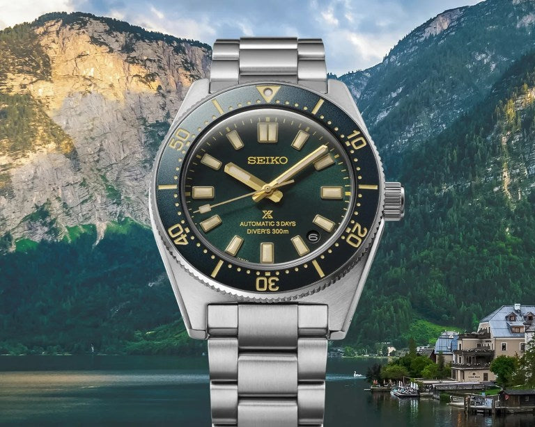 Seiko Prospex 1965 Heritage Diver HBC010J1 worn on wrist with Lake Hallstatt backdrop