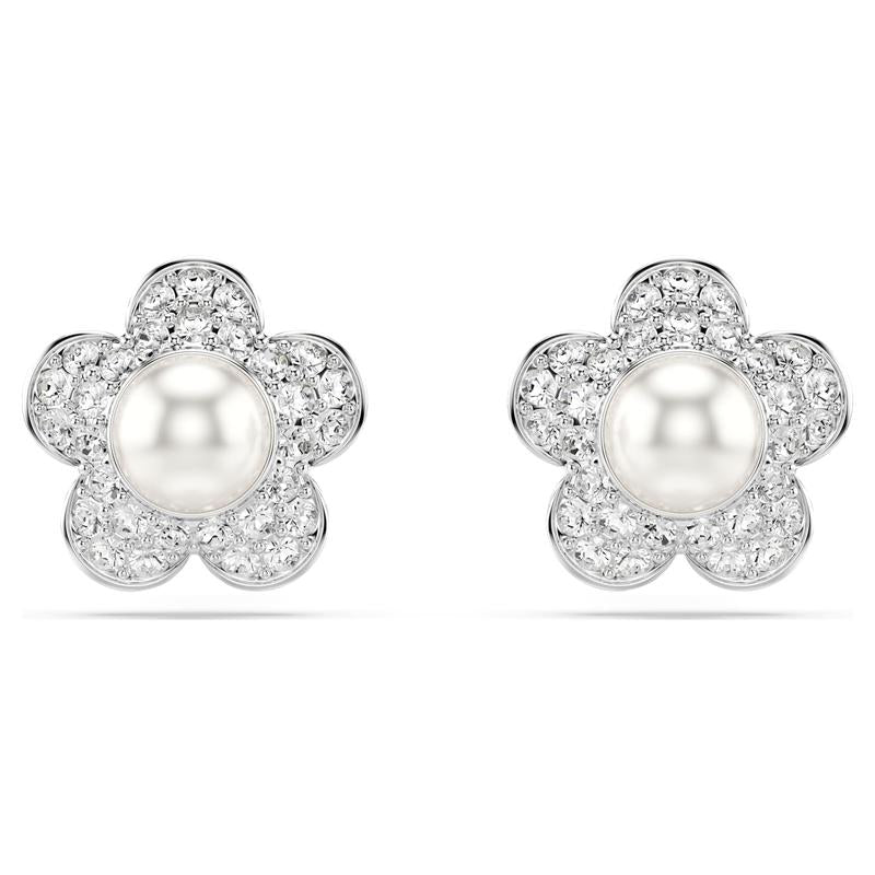 Swarovski Ariana Grande Flower Crystal Pearl Round Cut White Rhodium Plated Stud Earrings