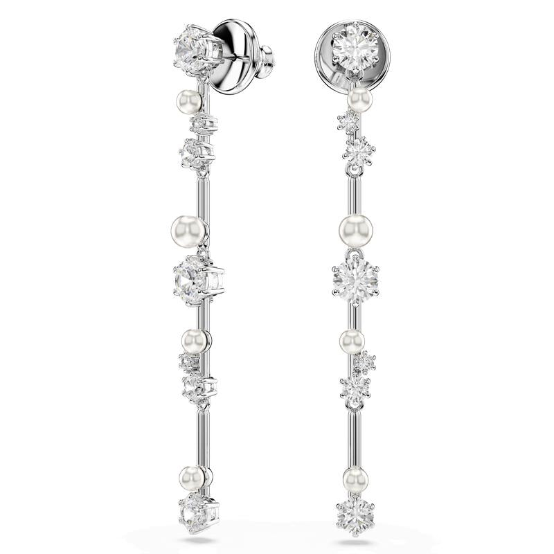 Swarovski Constella Crystal Pearl Round Cuts Rhodium Plated White Drop Earrings
