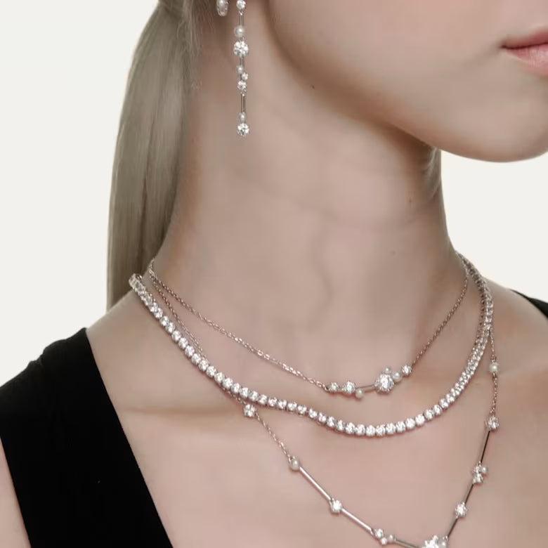 Swarovski Constella Crystal Pearl Round Cuts Rhodium Plated White Drop Earrings