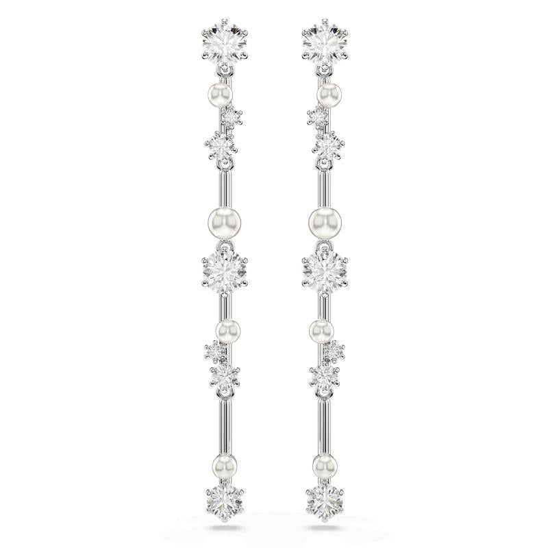 Swarovski Constella Crystal Pearl Round Cuts Rhodium Plated White Drop Earrings