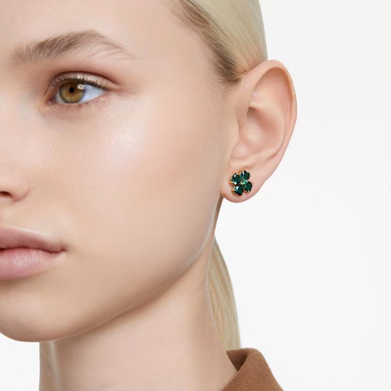 Swarovski Idyllia Clover Green Gold Tone Plated Stud Earrings
