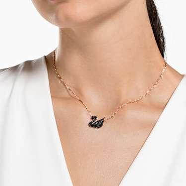 Swarovski Swan pendant, black crystal, 18K rose gold finish