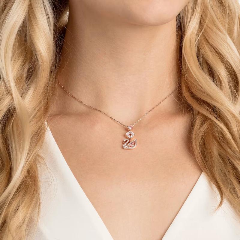 Swarovski Swan Crystal Motif Pink Rose Gold Plated Pendant