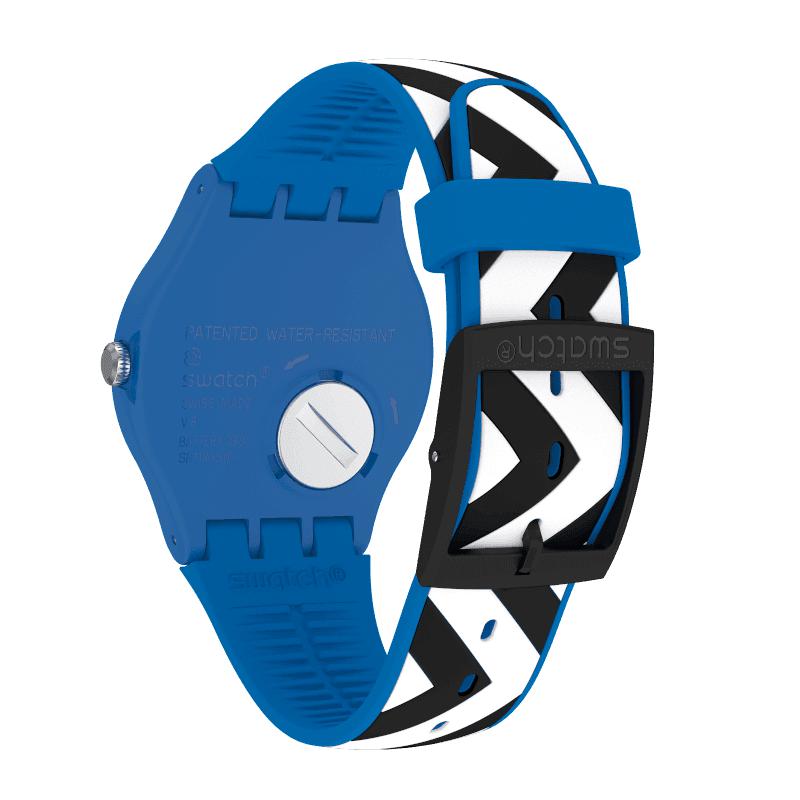 Swatch BLUZAG watch featuring a blue plastic case and a silicone strap with a bold black and white zigzag pattern.