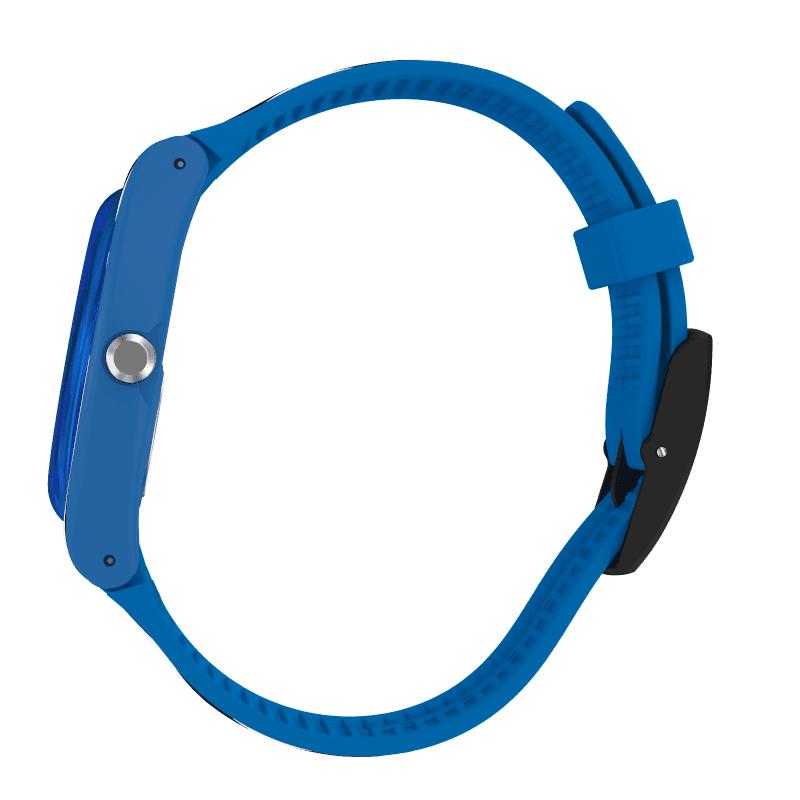 Swatch BLUZAG New Gent watch with a vibrant blue silicone strap, round blue plastic case, and sleek black buckle.