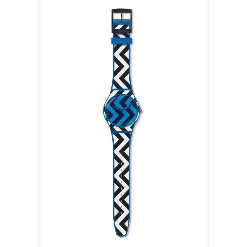Swatch BLUZAG watch featuring a blue silicone strap and dial with a bold black and white zigzag pattern, 41mm round case.