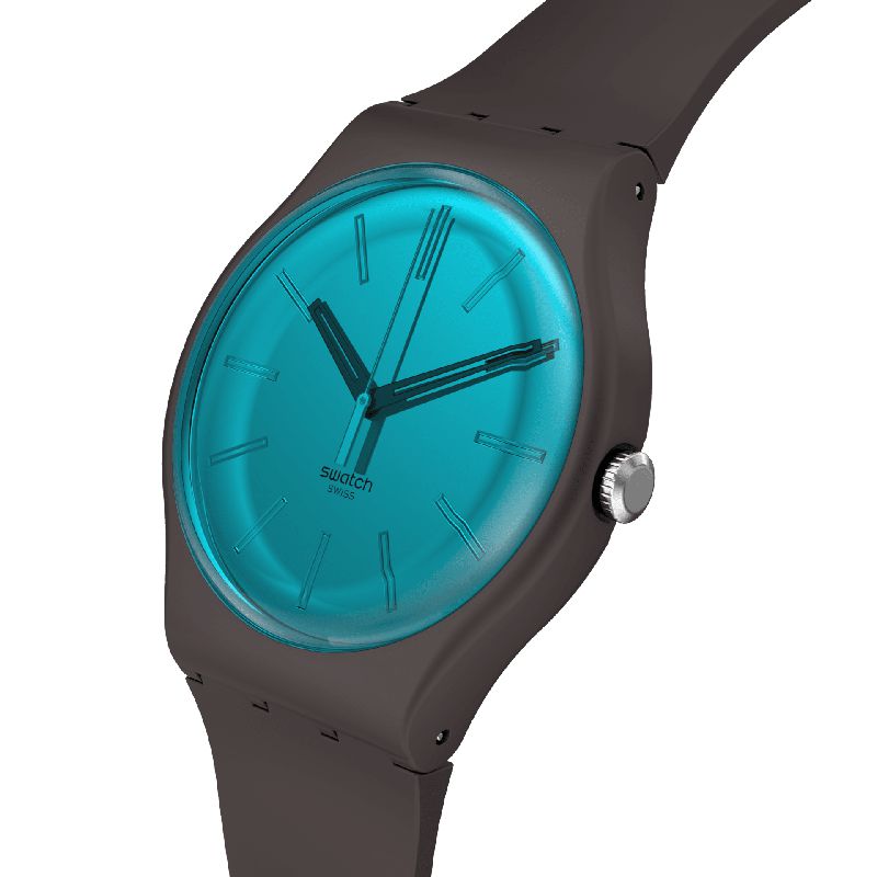 Swatch Dark Duality watch with a brown biosourced case, silicone strap, and a striking blue mirror dial with black hands.