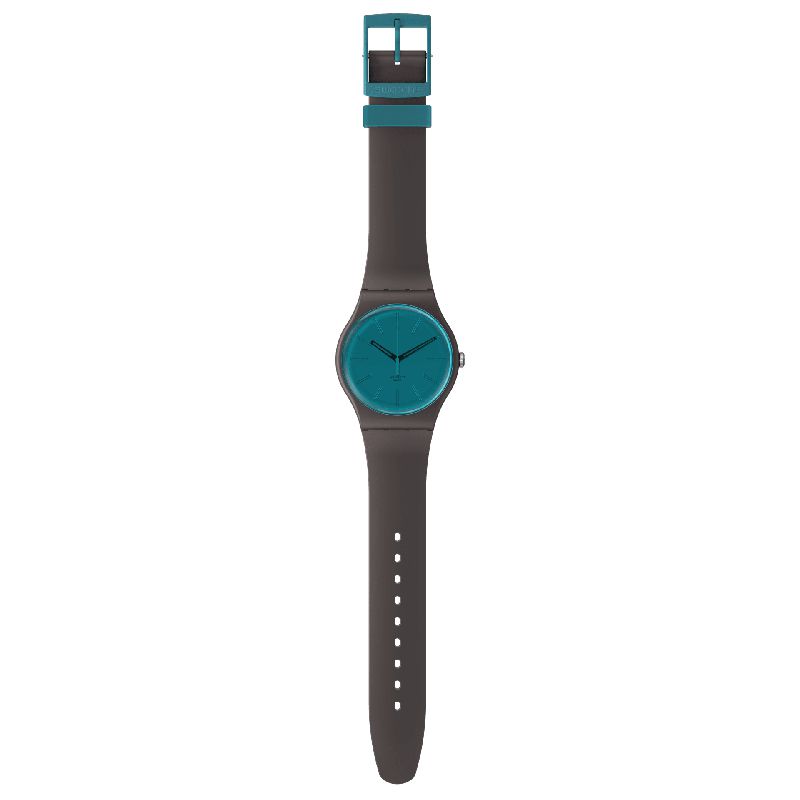 Swatch Dark Duality watch featuring a brown biosourced case, teal mirror dial, and comfortable silicone strap.