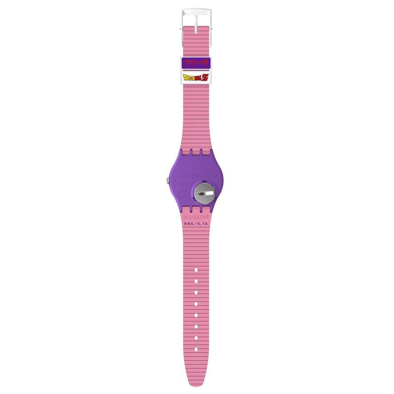 Back view of the Frieza x Swatch Dragon Ball Z watch featuring a purple plastic case and pink silicone strap.