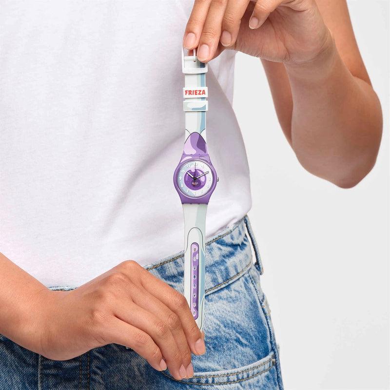 Swatch Frieza Dragon Ball Z watch with a purple case, white silicone strap, and Frieza-inspired dial design.