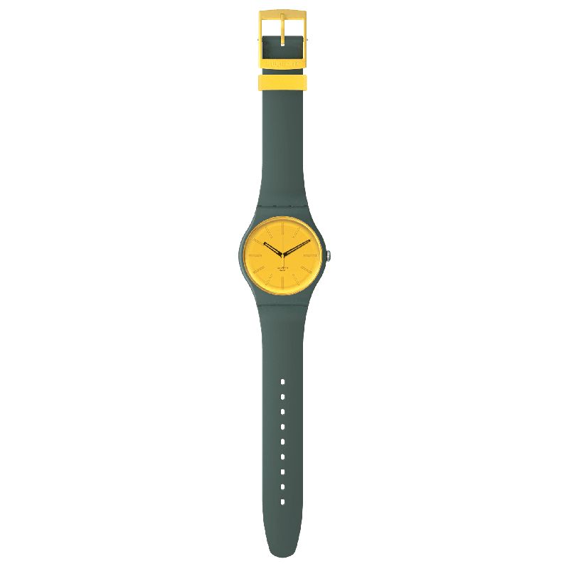 Swatch Gold in the Garden watch with a green biosourced case, yellow mirror dial, and matching yellow silicone strap.