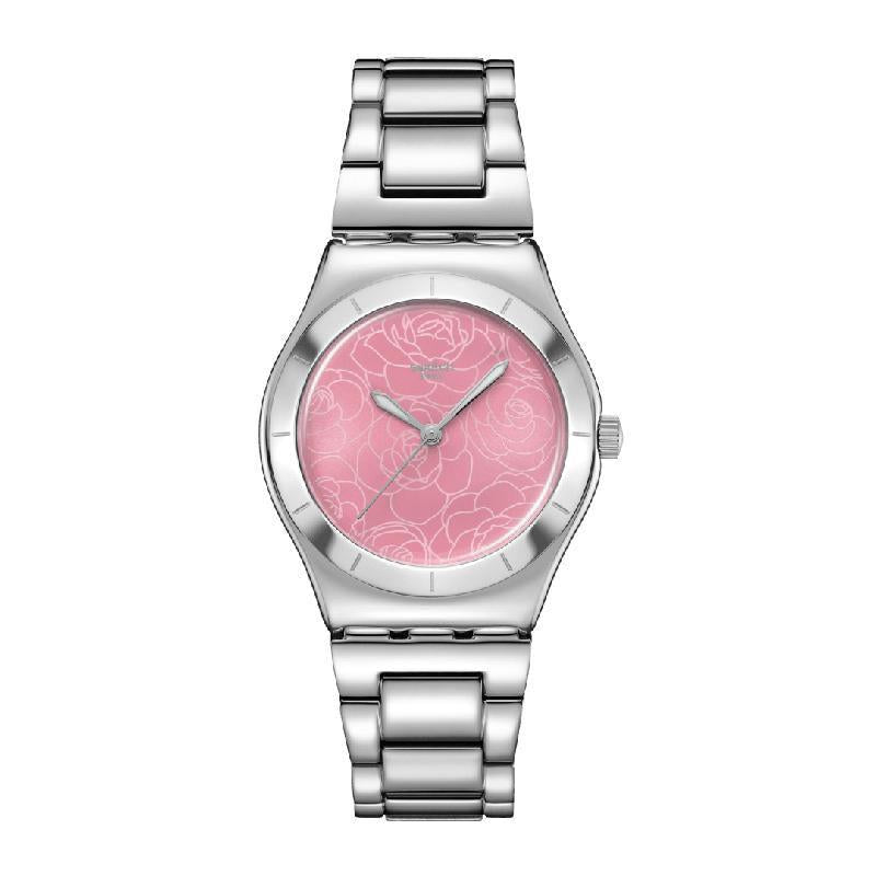 Swatch Irony Petal Charm watch with a pink floral dial, polished stainless steel case, and matching silver-tone bracelet.