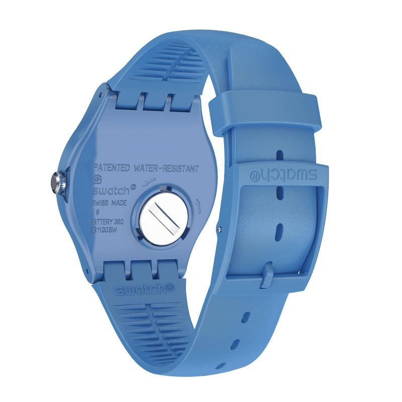 Back view of the electric blue Swatch LAGOONAZING watch with a durable silicone strap and 41mm plastic case.