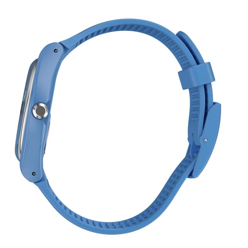 Swatch LAGOONAZING electric blue silicone watch with a sleek 41mm round case and textured strap for a tropical look.