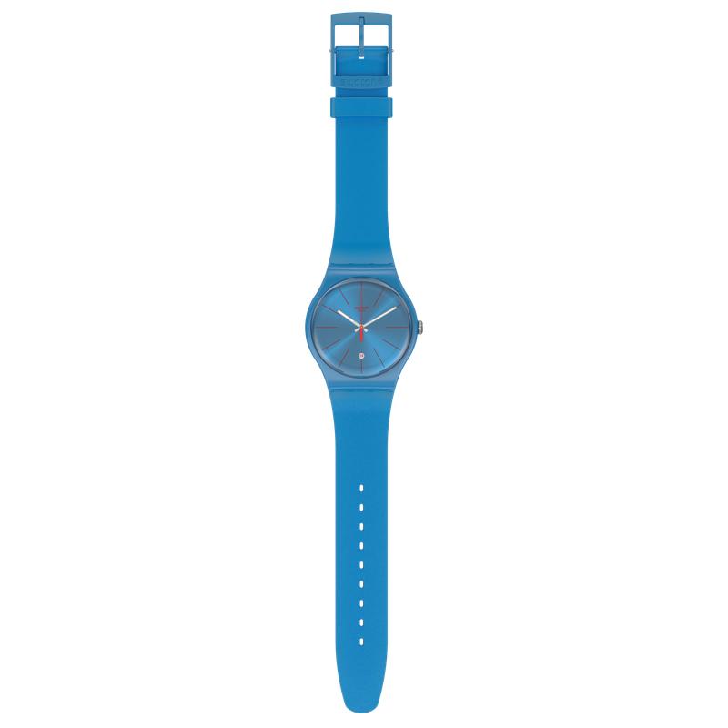 Swatch LAGOONAZING electric blue watch with a 41mm round case, silicone strap, and lustrous Metallify effect.