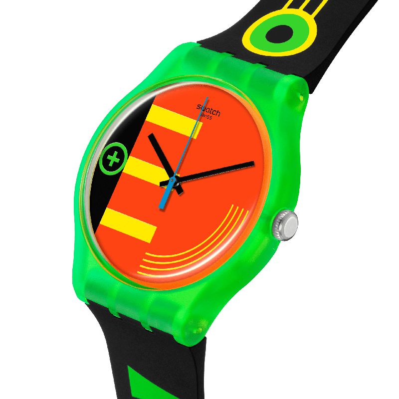 Swatch Neon Rider watch featuring a vibrant neon dial, transparent green biosourced case, and black patterned silicone strap.
