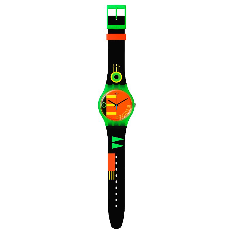Swatch Neon Rider watch featuring a vibrant neon dial, transparent green biosourced case, and black strap with neon print.