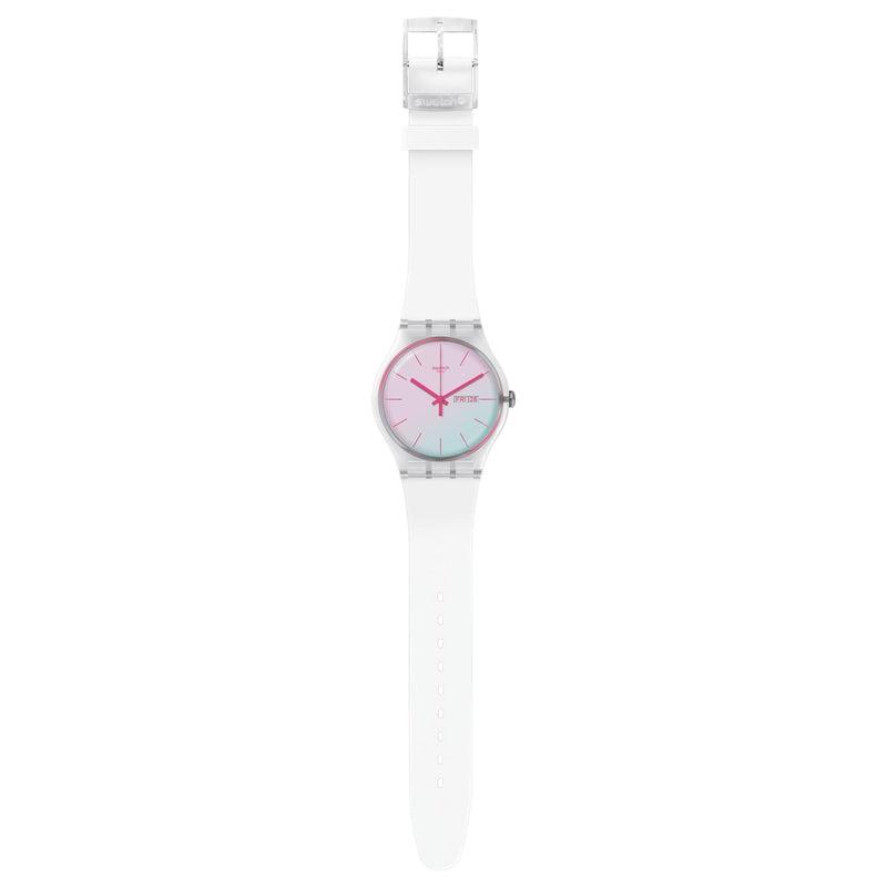 Swatch POLAWHITE New Gent watch featuring a sleek white silicone strap and a vibrant pink-to-blue gradient dial.