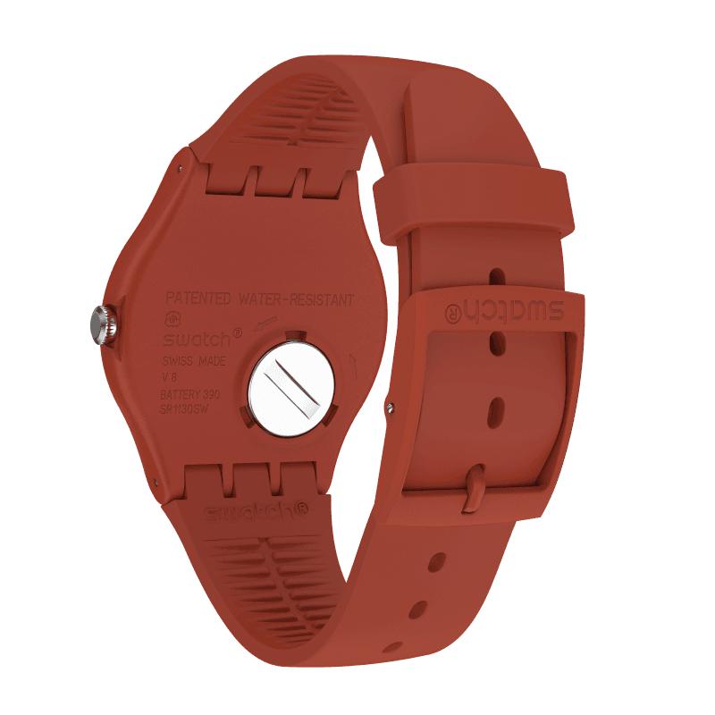 Swatch REDVREMYA New Gent watch in vibrant red bio-sourced material with a sleek, velvety finish and buckle closure.
