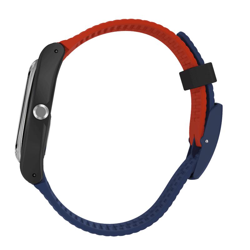 Swatch REVIVAL watch with a black plastic case and a two-tone blue and red silicone strap, side profile view.