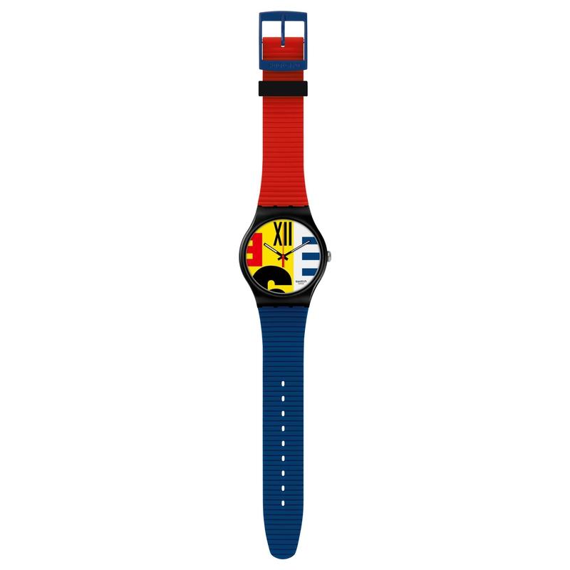 Swatch REVIVAL watch with a black 41mm case, white dial featuring yellow accents, and a two-tone red and blue silicone strap.