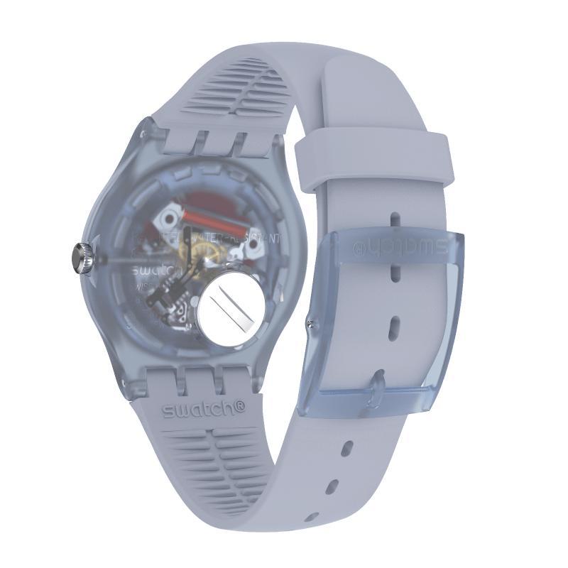 Swatch Sea Rebel blue silicone watch featuring a 41mm translucent plastic case and a sleek, modern Swiss-made design.