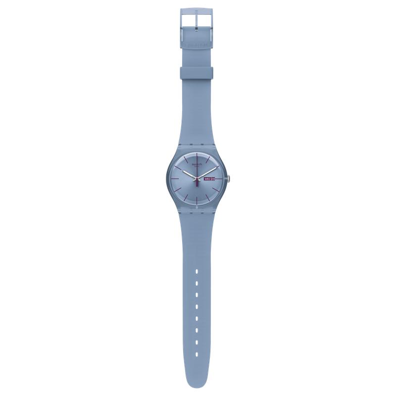 Swatch Sea Rebel blue quartz watch with a 41mm plastic case, silicone strap, and glow-in-the-dark dial features.