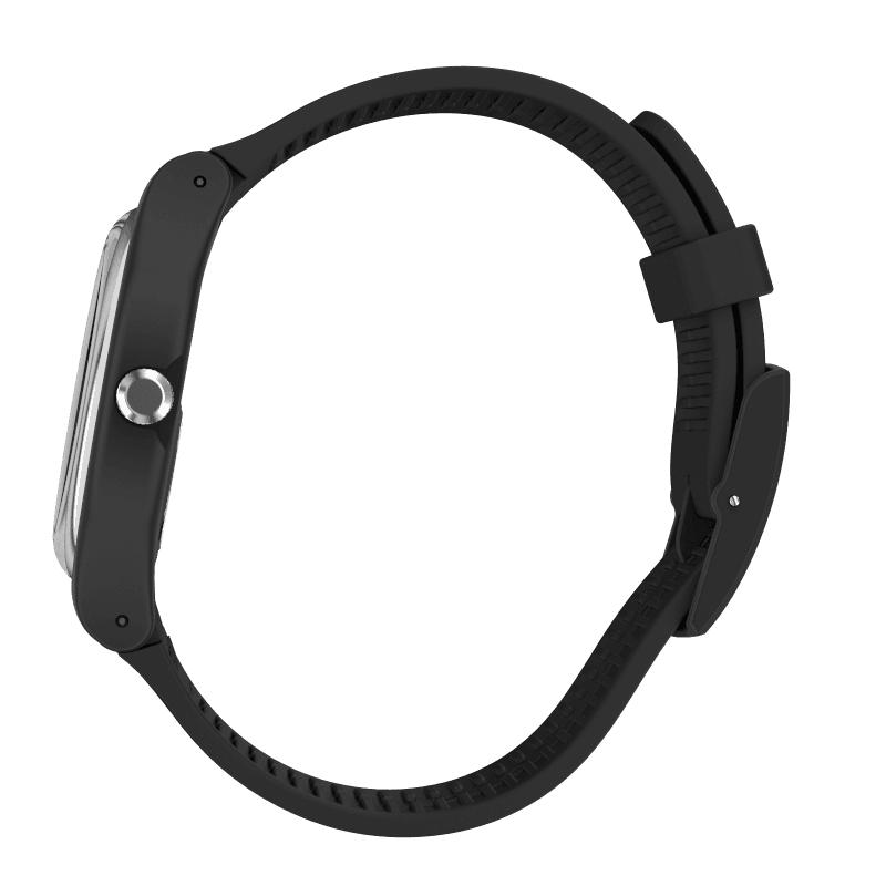 Swatch TIMEFORTIME black bio-sourced watch with a 41mm round case and durable buckle strap.