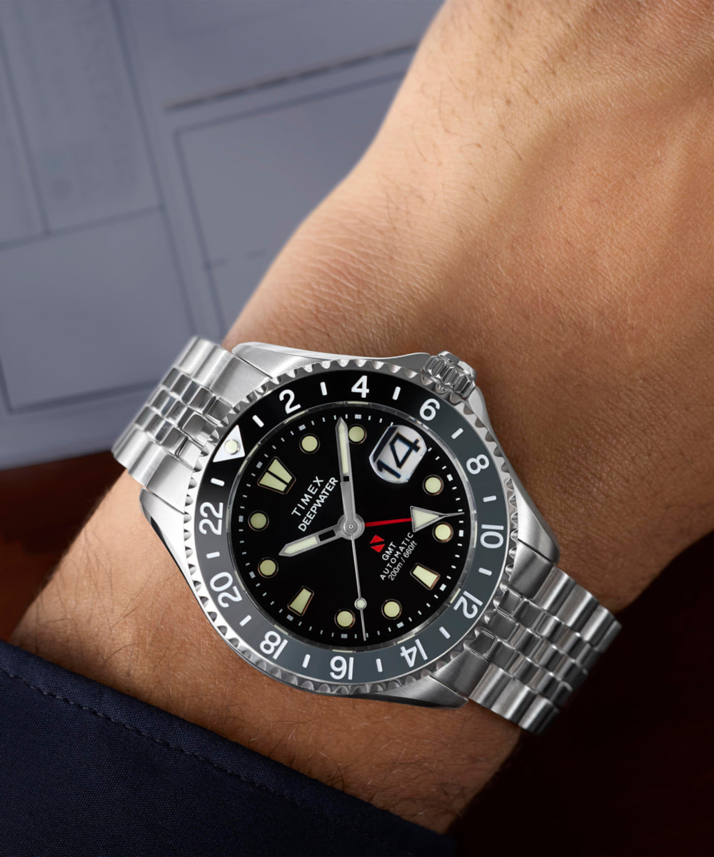 Timex Deepwater Meridian 200 Automatic GMT Stainless Steel Bracelet Watch Black Dial