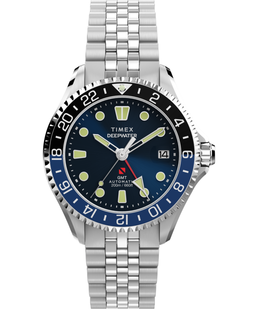 Timex Deepwater Meridian 200 Automatic GMT Stainless Steel Bracelet Watch Blue Dial
