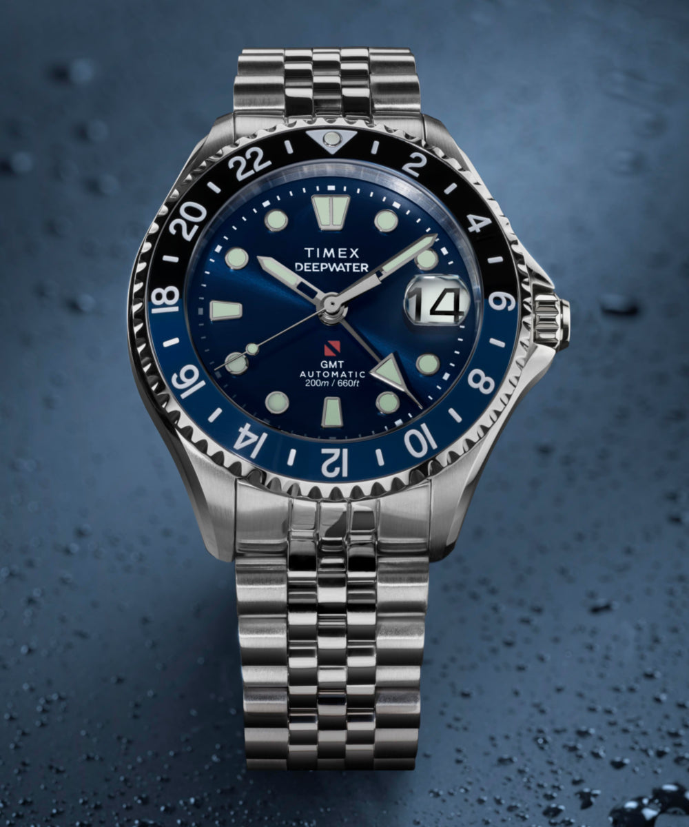 Timex Deepwater Meridian 200 Automatic GMT Stainless Steel Bracelet Watch Blue Dial