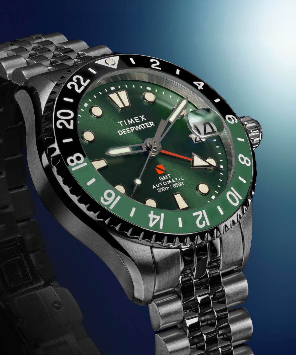 Timex Deepwater Meridian 200 Automatic GMT Stainless Steel Bracelet Watch Green Dial