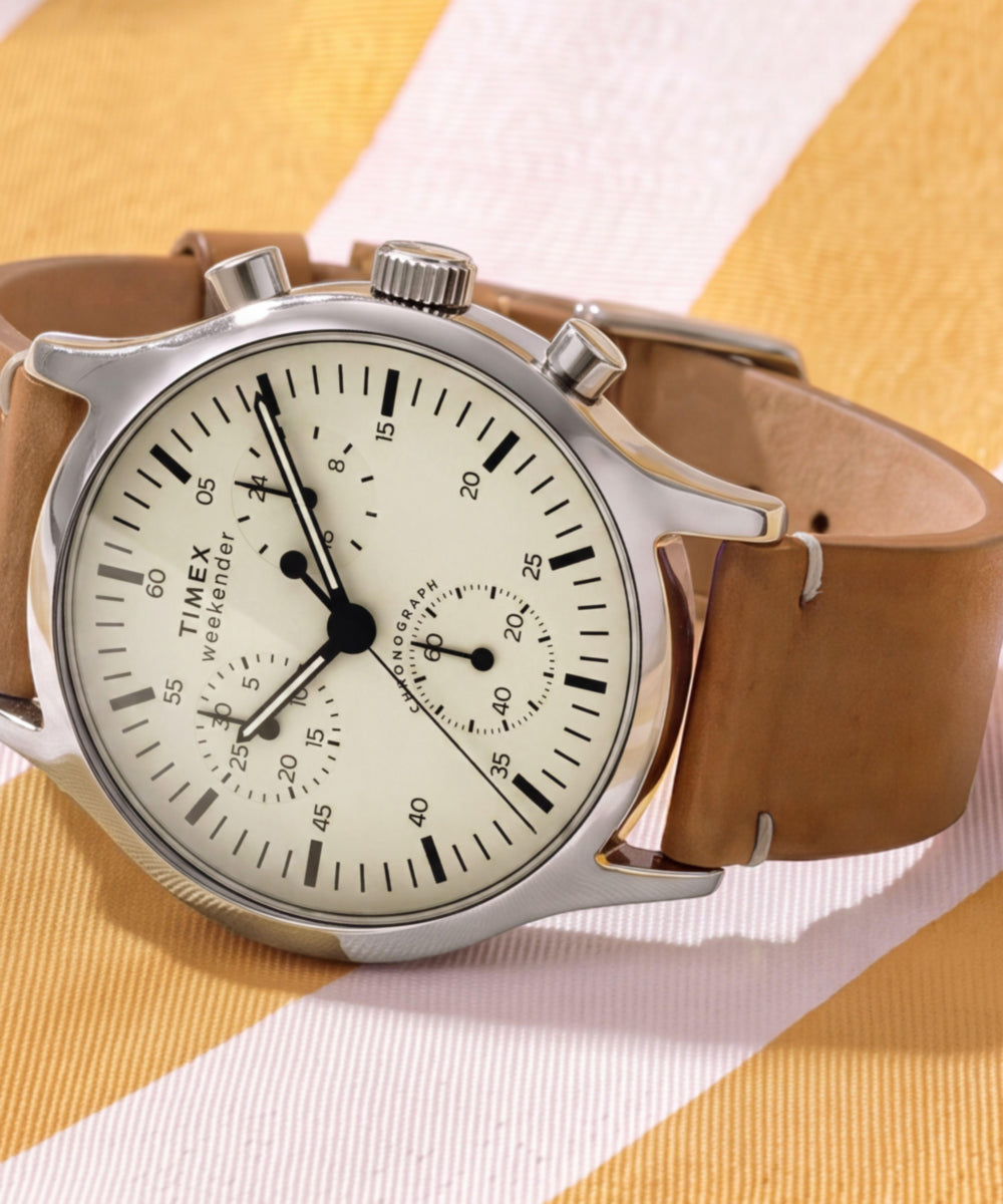 Timex Weekender New England Chronograph Leather Strap Watch Cream Dial